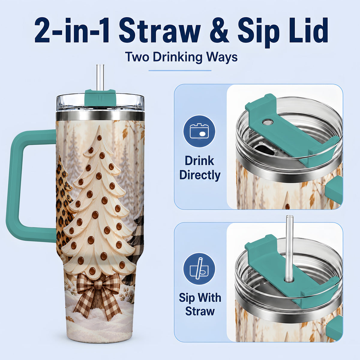 #pl[40oz|Green] Leopard Print Christmas Trees 40oz Handled Tumbler, Winter Tree Art