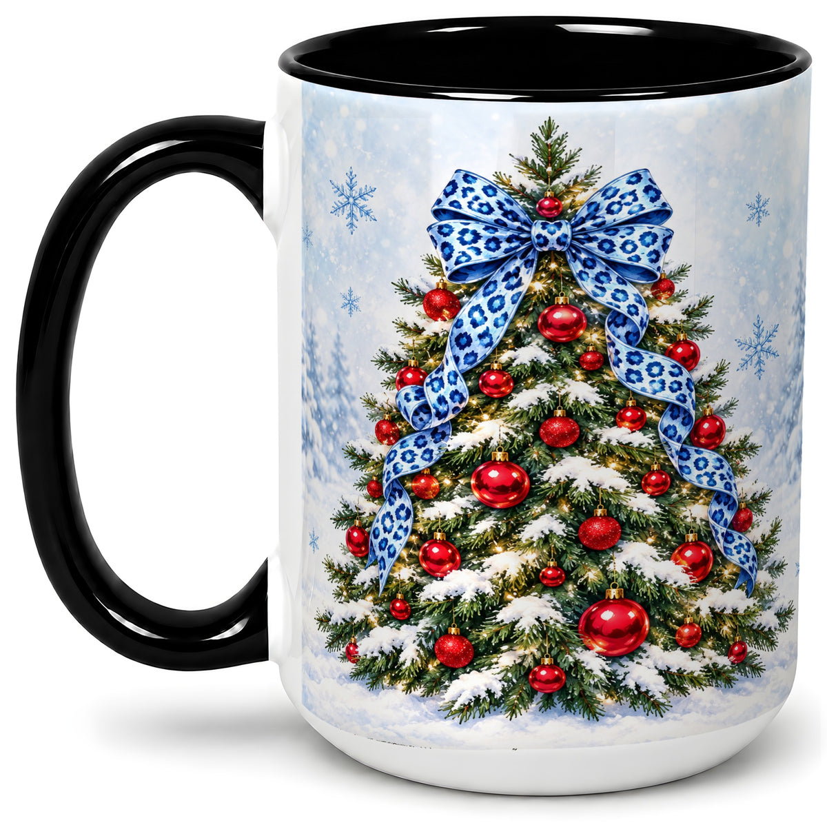 #pl[15oz|Black] Blue Leopard Christmas Tree Accent Mug, Ceramic Holiday Coffee Cup