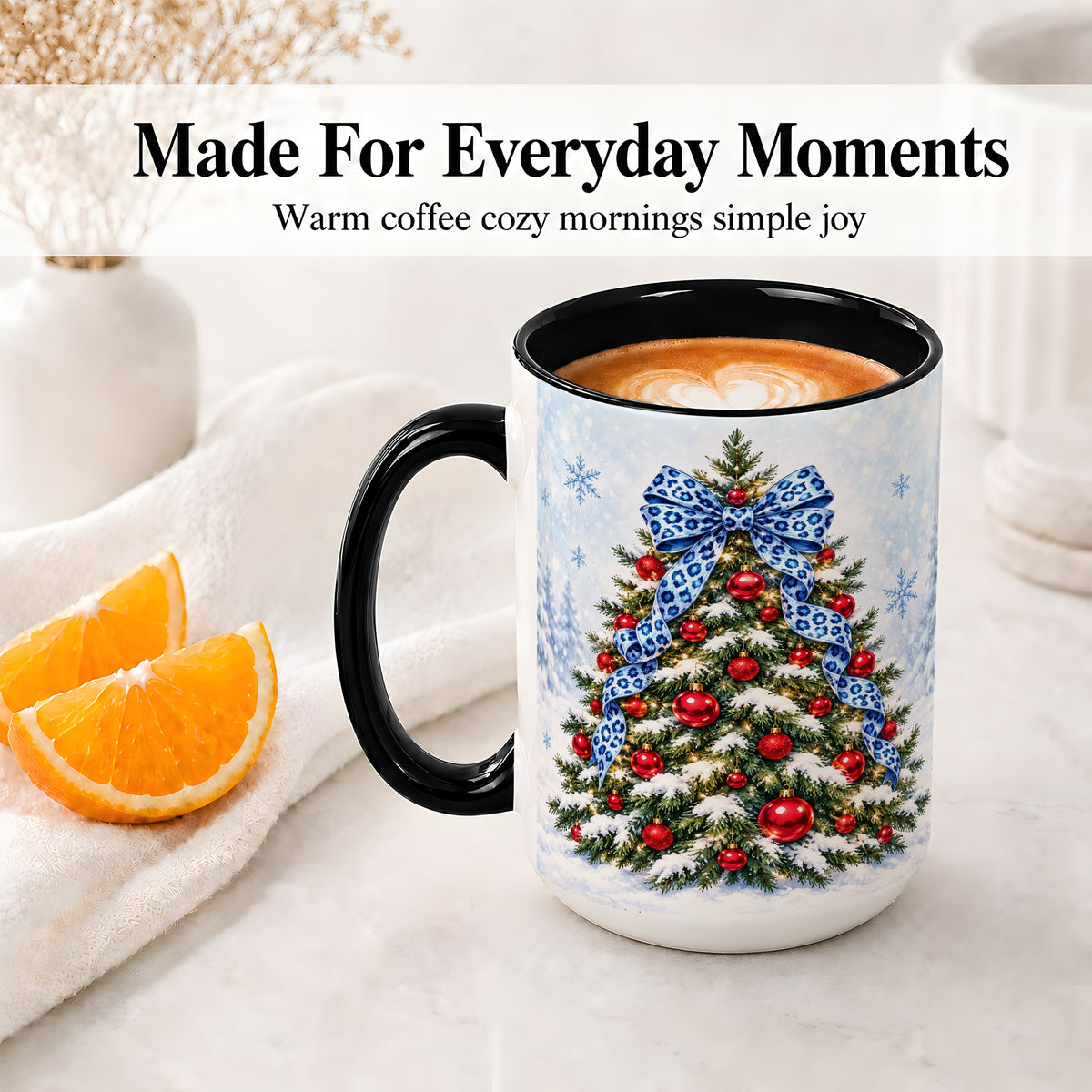 #pl[15oz|Black] Blue Leopard Christmas Tree Accent Mug, Ceramic Holiday Coffee Cup