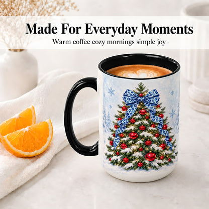#pl[15oz|Black] Blue Leopard Christmas Tree Accent Mug, Ceramic Holiday Coffee Cup