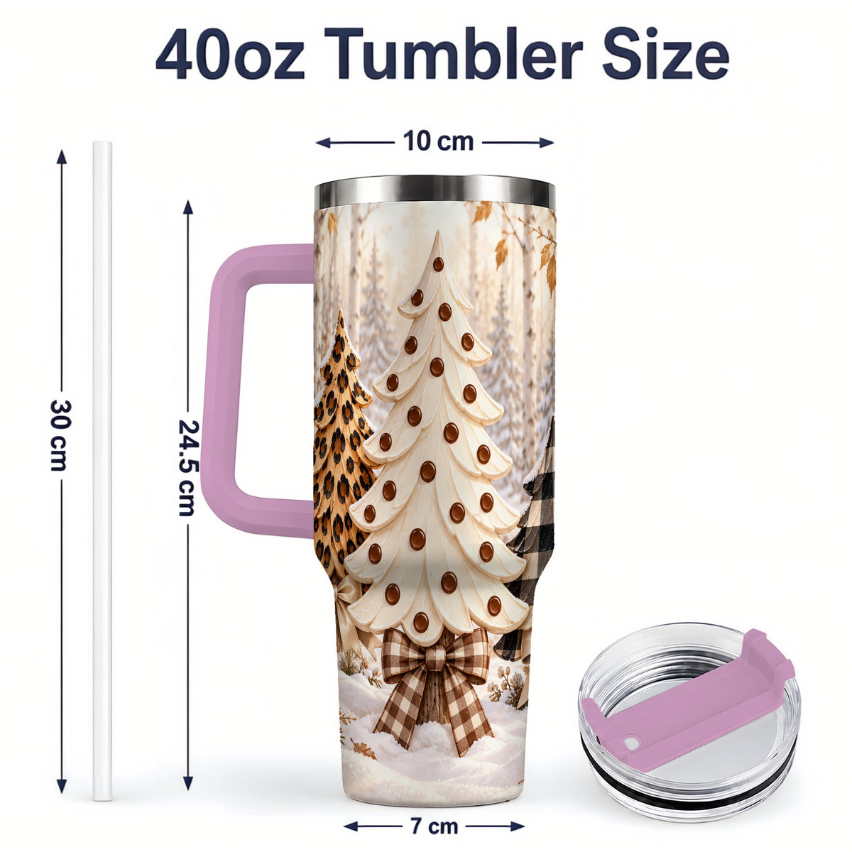 #pl[40oz|Pink] Leopard Print Christmas Trees 40oz Handled Tumbler, Winter Tree Art