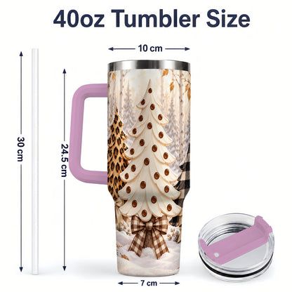 #pl[40oz|Pink] Leopard Print Christmas Trees 40oz Handled Tumbler, Winter Tree Art