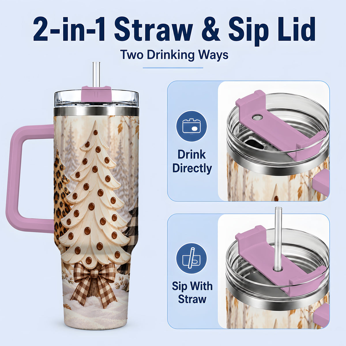 #pl[40oz|Pink] Leopard Print Christmas Trees 40oz Handled Tumbler, Winter Tree Art