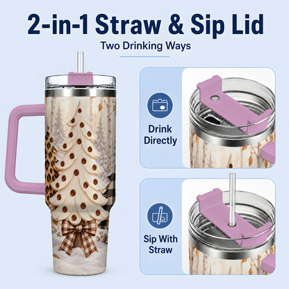 #pl[40oz|Pink] Leopard Print Christmas Trees 40oz Handled Tumbler, Winter Tree Art