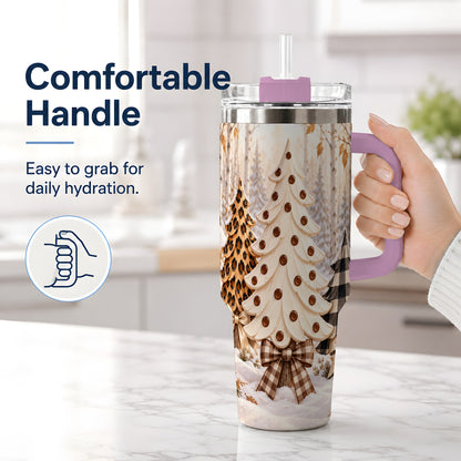 #pl[40oz|Pink] Leopard Print Christmas Trees 40oz Handled Tumbler, Winter Tree Art