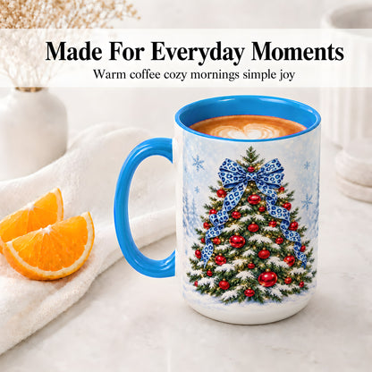 #pl[15oz|Blue] Blue Leopard Christmas Tree Accent Mug, Ceramic Holiday Coffee Cup