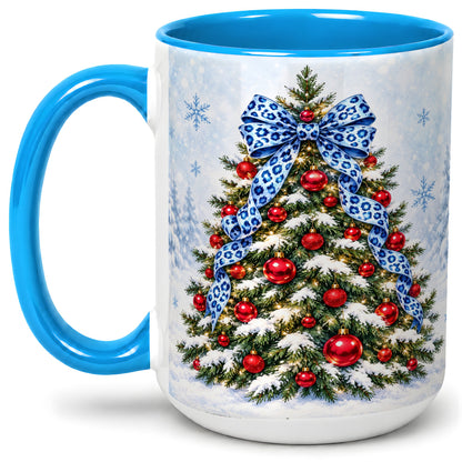 #pl[15oz|Blue] Blue Leopard Christmas Tree Accent Mug, Ceramic Holiday Coffee Cup