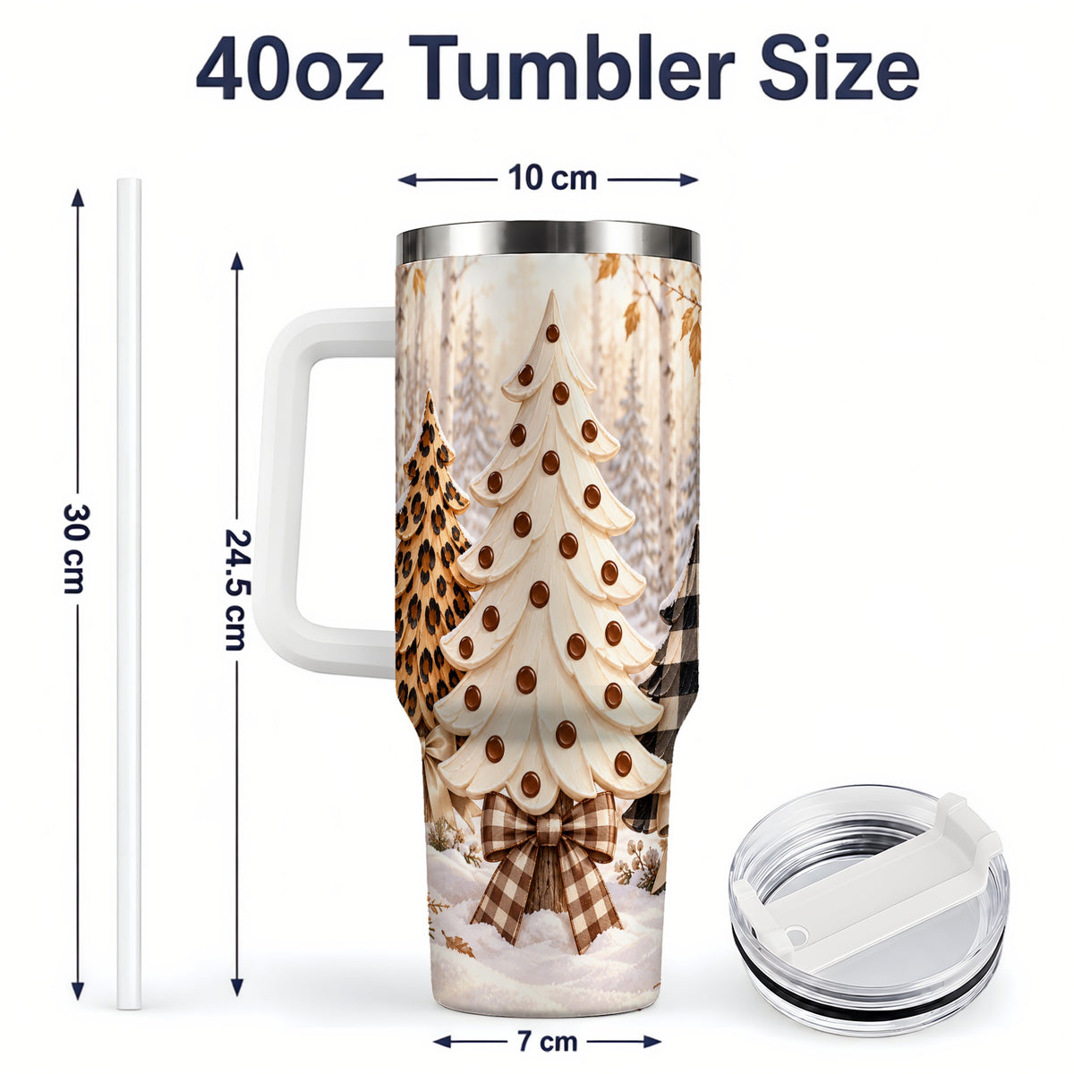 #pl[40oz|White] Leopard Print Christmas Trees 40oz Handled Tumbler, Winter Tree Art