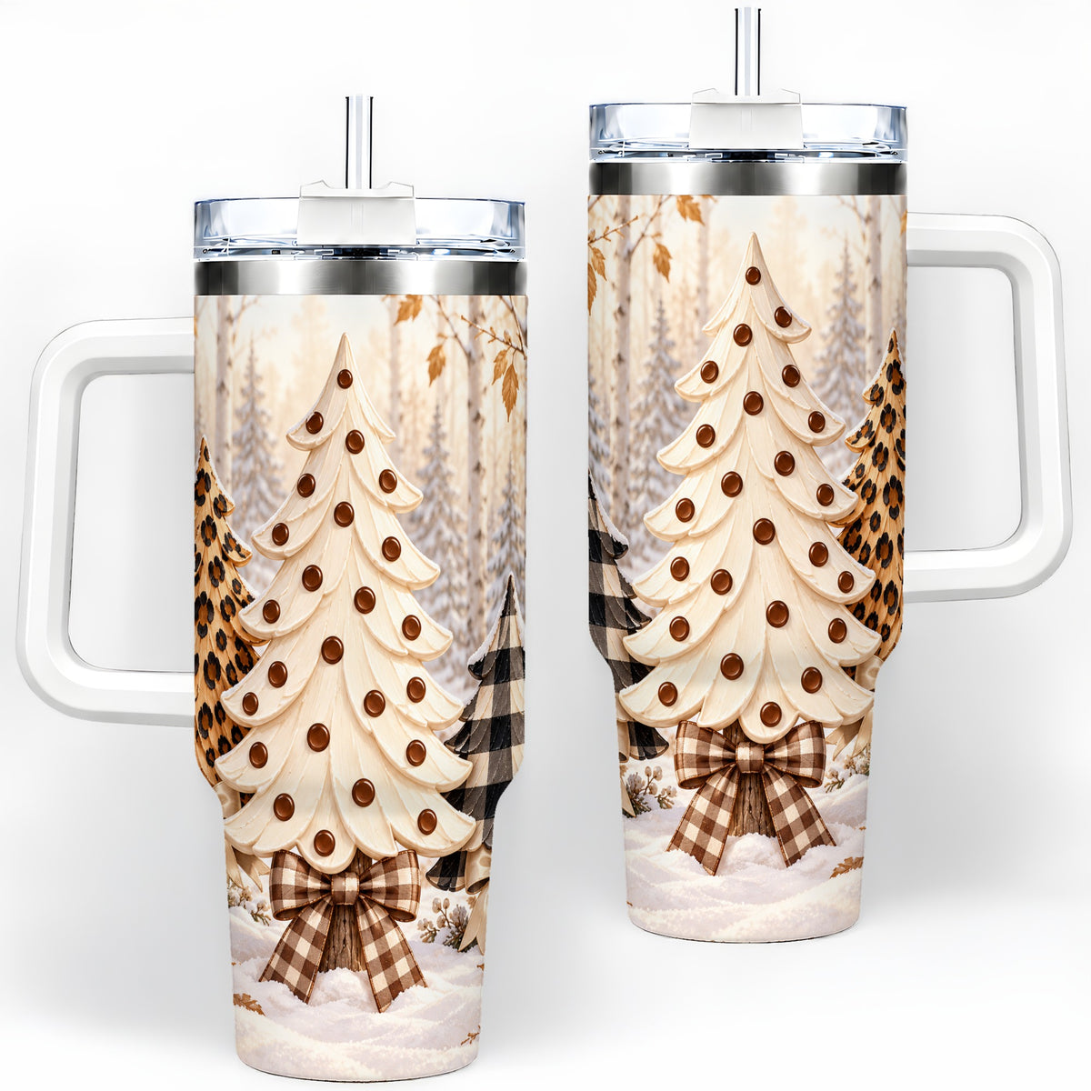 Leopard Print Christmas Trees 40oz Handled Tumbler, Winter Tree Art