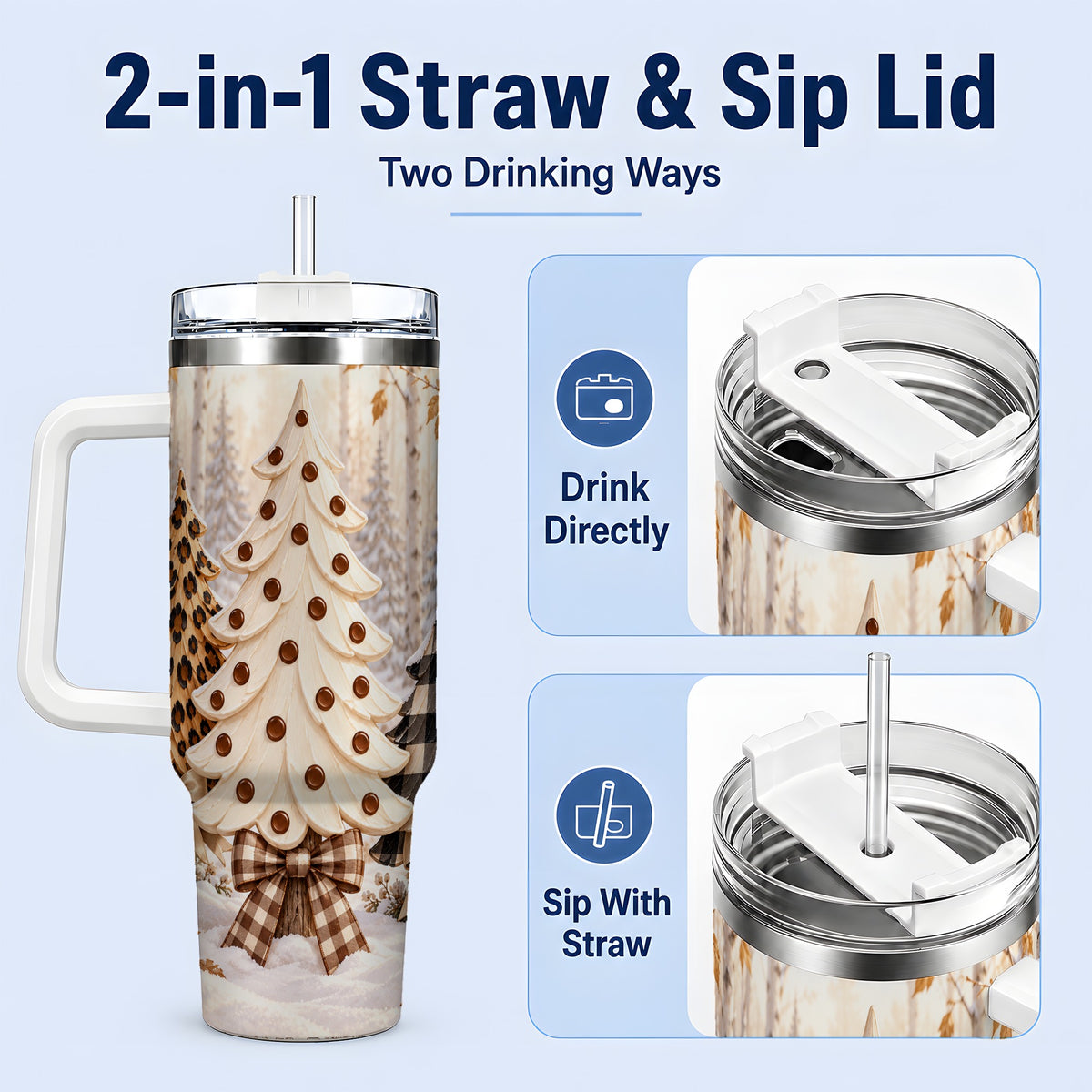 #pl[40oz|White] Leopard Print Christmas Trees 40oz Handled Tumbler, Winter Tree Art