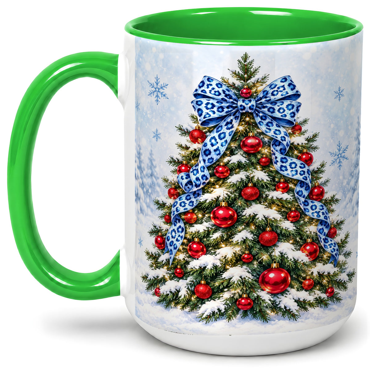 #pl[15oz|Green] Blue Leopard Christmas Tree Accent Mug, Ceramic Holiday Coffee Cup