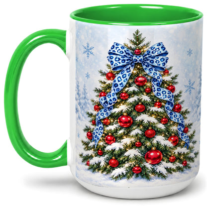 #pl[15oz|Green] Blue Leopard Christmas Tree Accent Mug, Ceramic Holiday Coffee Cup