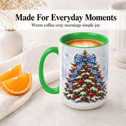 #pl[15oz|Green] Blue Leopard Christmas Tree Accent Mug, Ceramic Holiday Coffee Cup