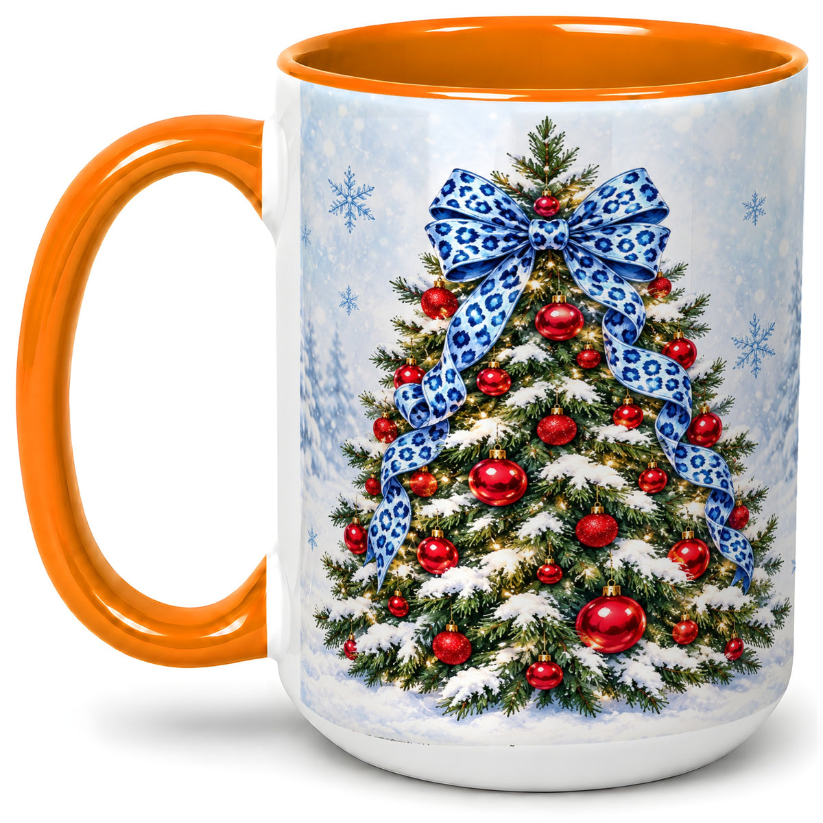 #pl[15oz|Orange] Blue Leopard Christmas Tree Accent Mug, Ceramic Holiday Coffee Cup