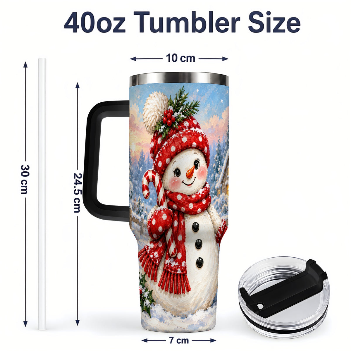 #pl[40oz|Black] Cute Christmas Snowman 40oz Handled Tumbler, Candy Cane Winter Art