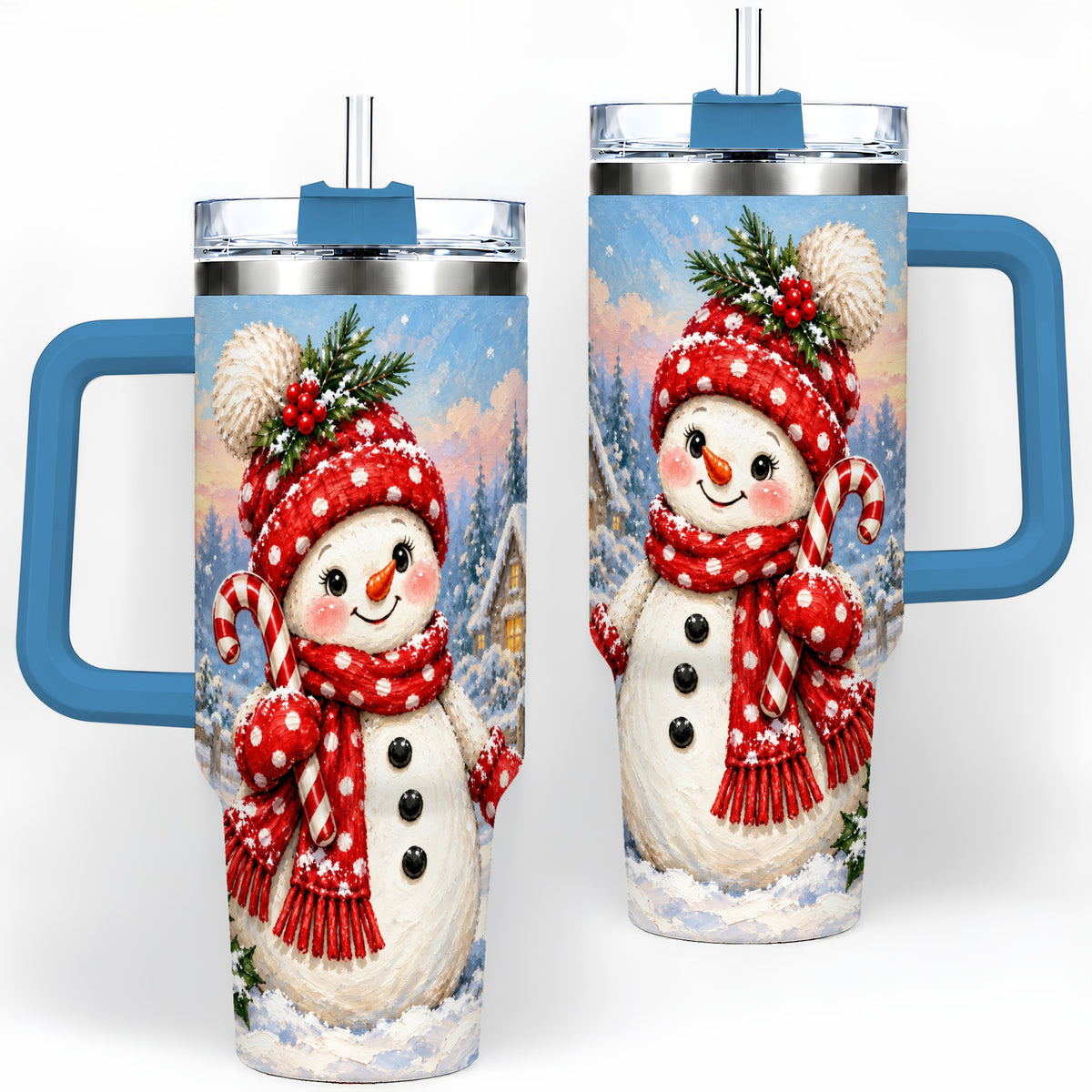 #pl[40oz|Blue] Cute Christmas Snowman 40oz Handled Tumbler, Candy Cane Winter Art