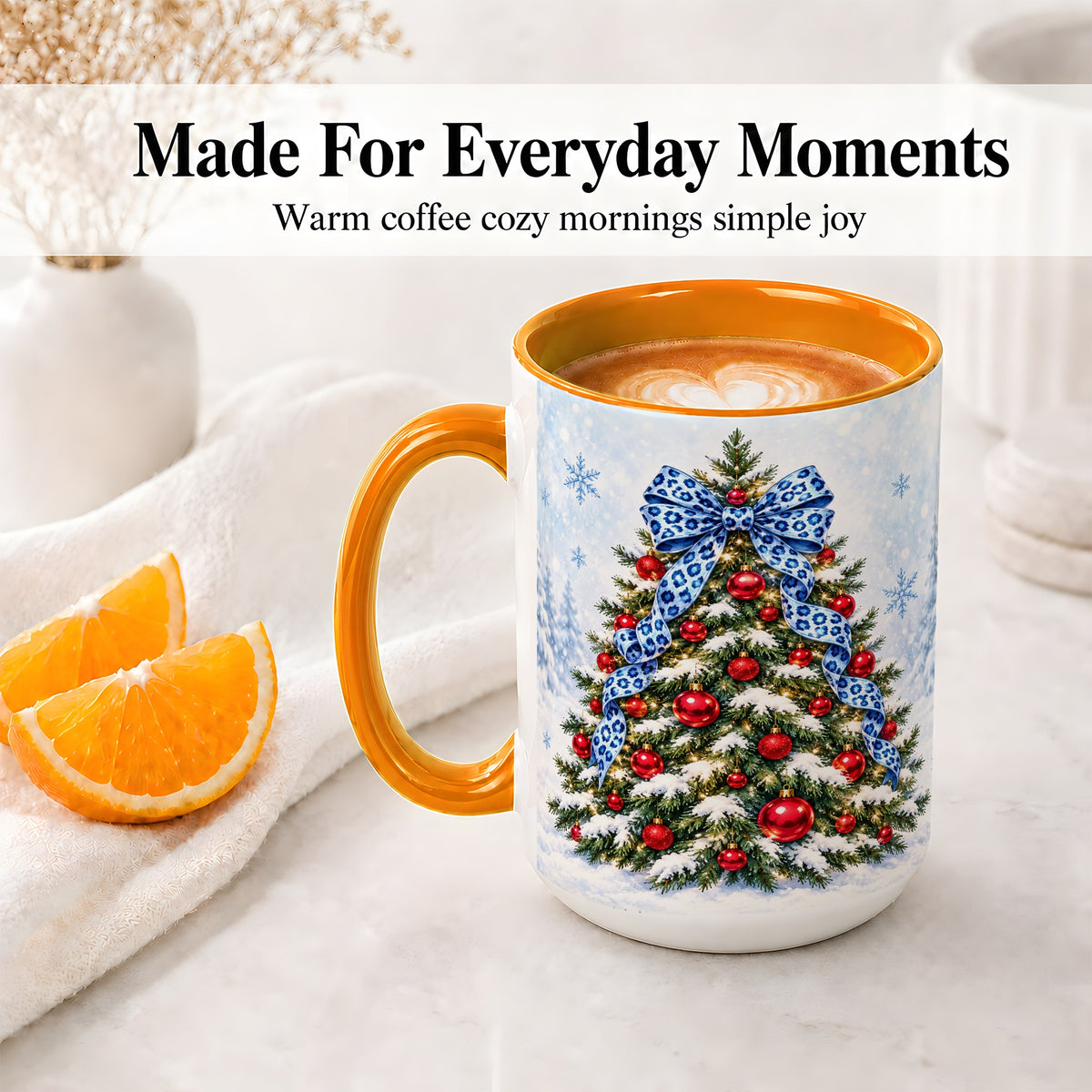 #pl[15oz|Orange] Blue Leopard Christmas Tree Accent Mug, Ceramic Holiday Coffee Cup