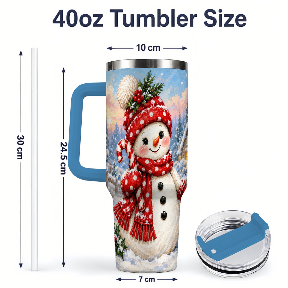 #pl[40oz|Blue] Cute Christmas Snowman 40oz Handled Tumbler, Candy Cane Winter Art