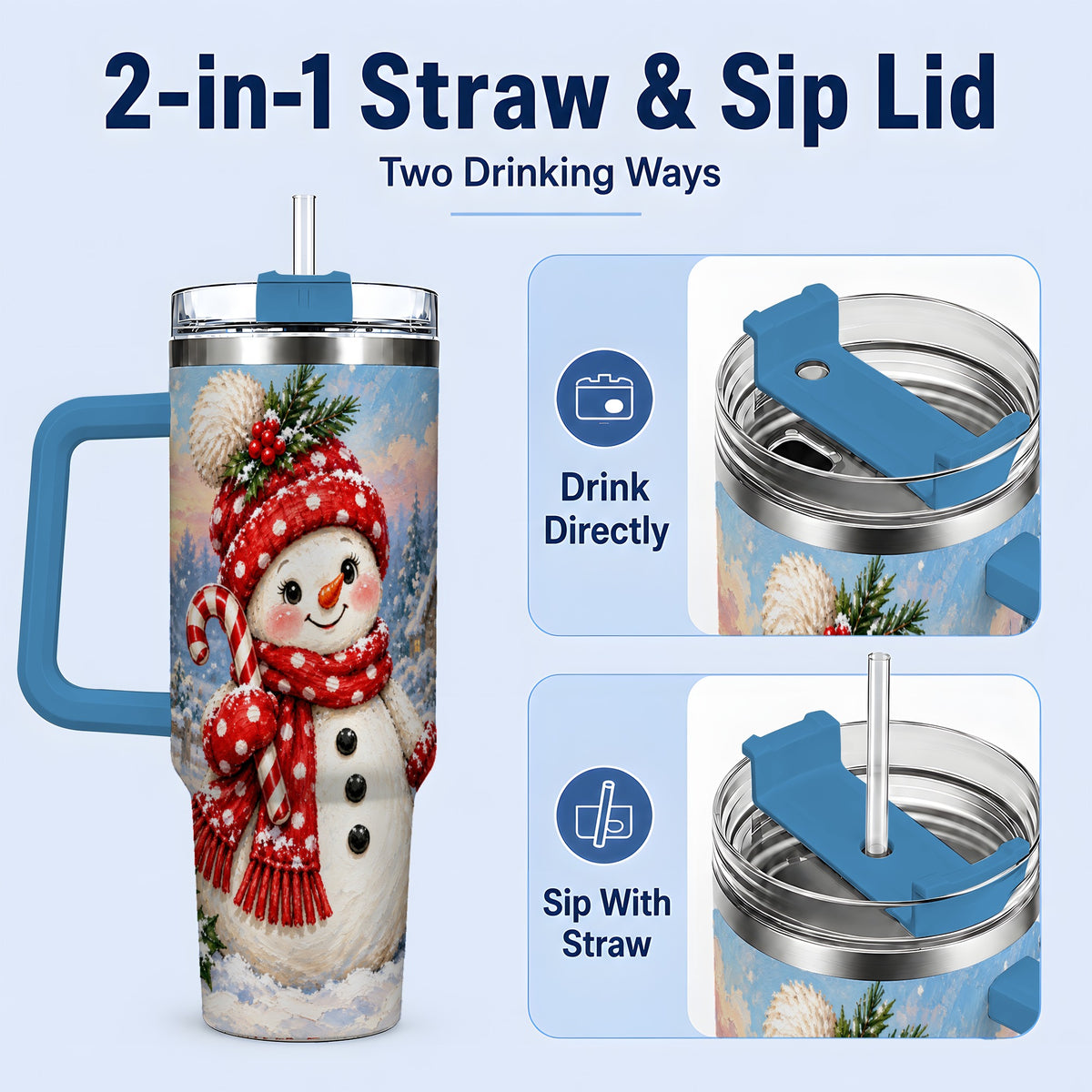 #pl[40oz|Blue] Cute Christmas Snowman 40oz Handled Tumbler, Candy Cane Winter Art