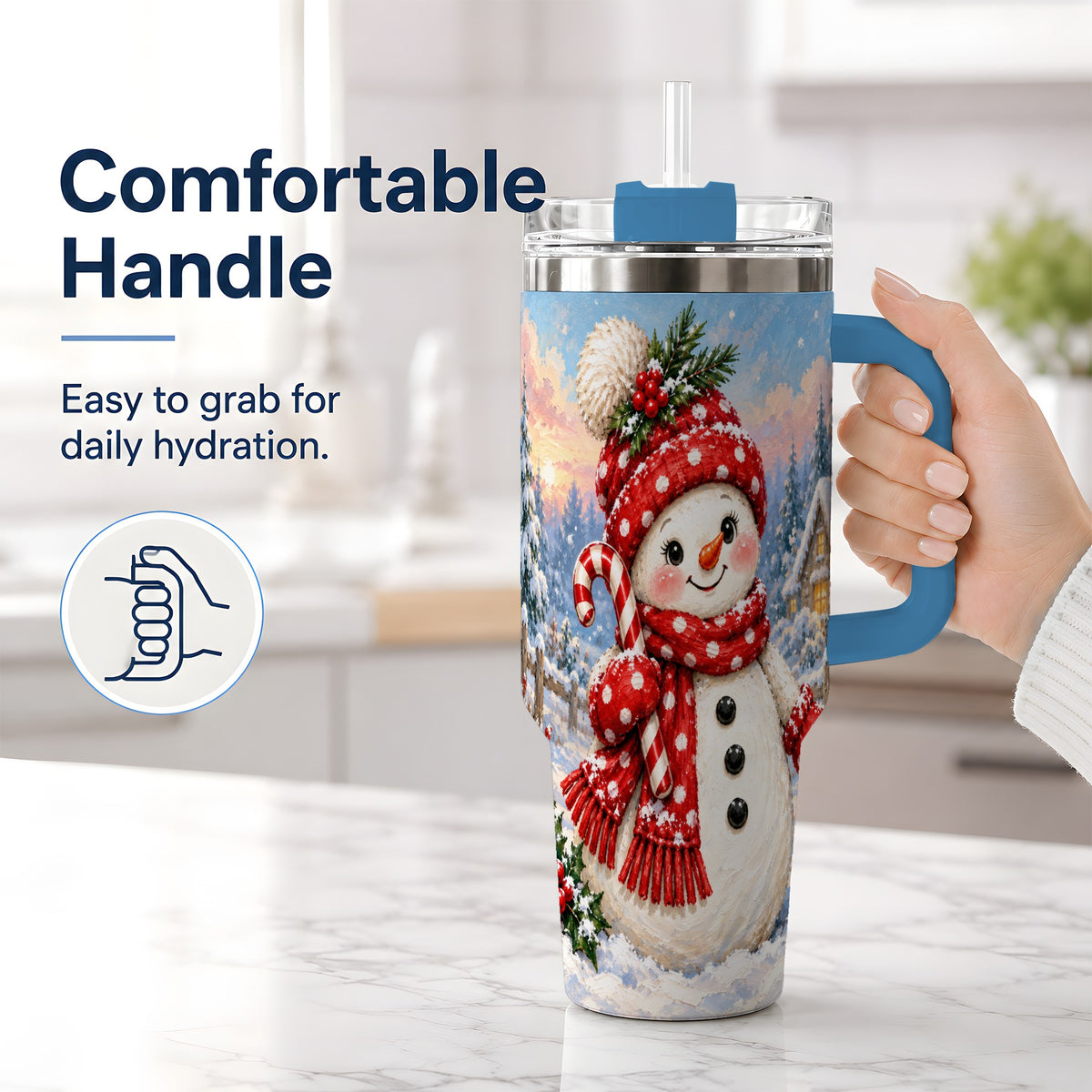 #pl[40oz|Blue] Cute Christmas Snowman 40oz Handled Tumbler, Candy Cane Winter Art