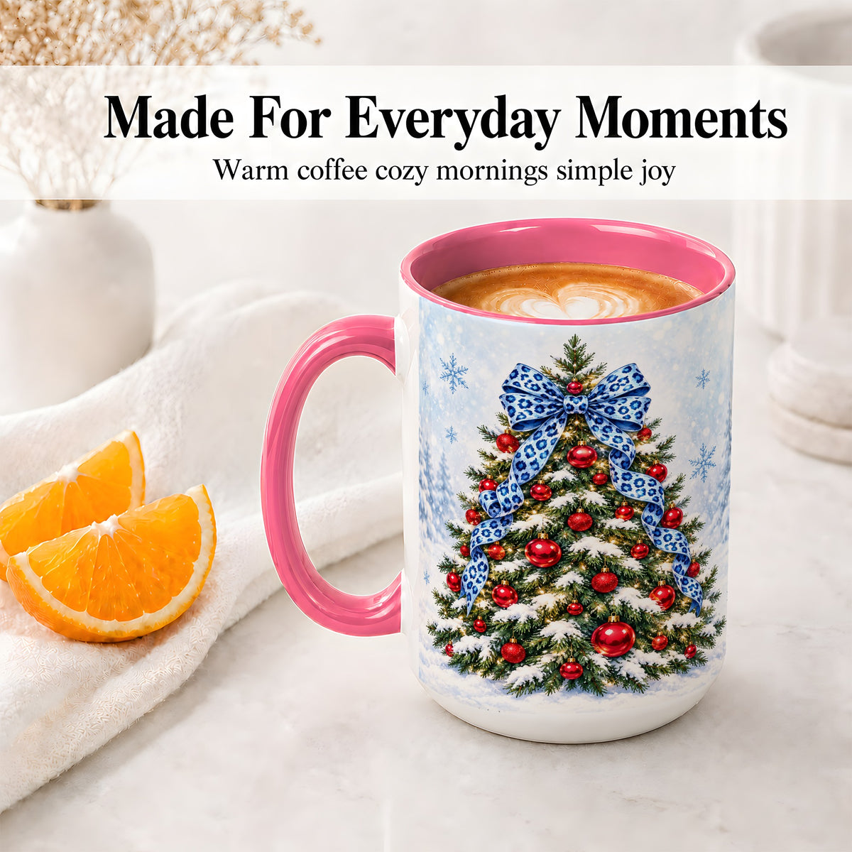 #pl[15oz|Pink] Blue Leopard Christmas Tree Accent Mug, Ceramic Holiday Coffee Cup