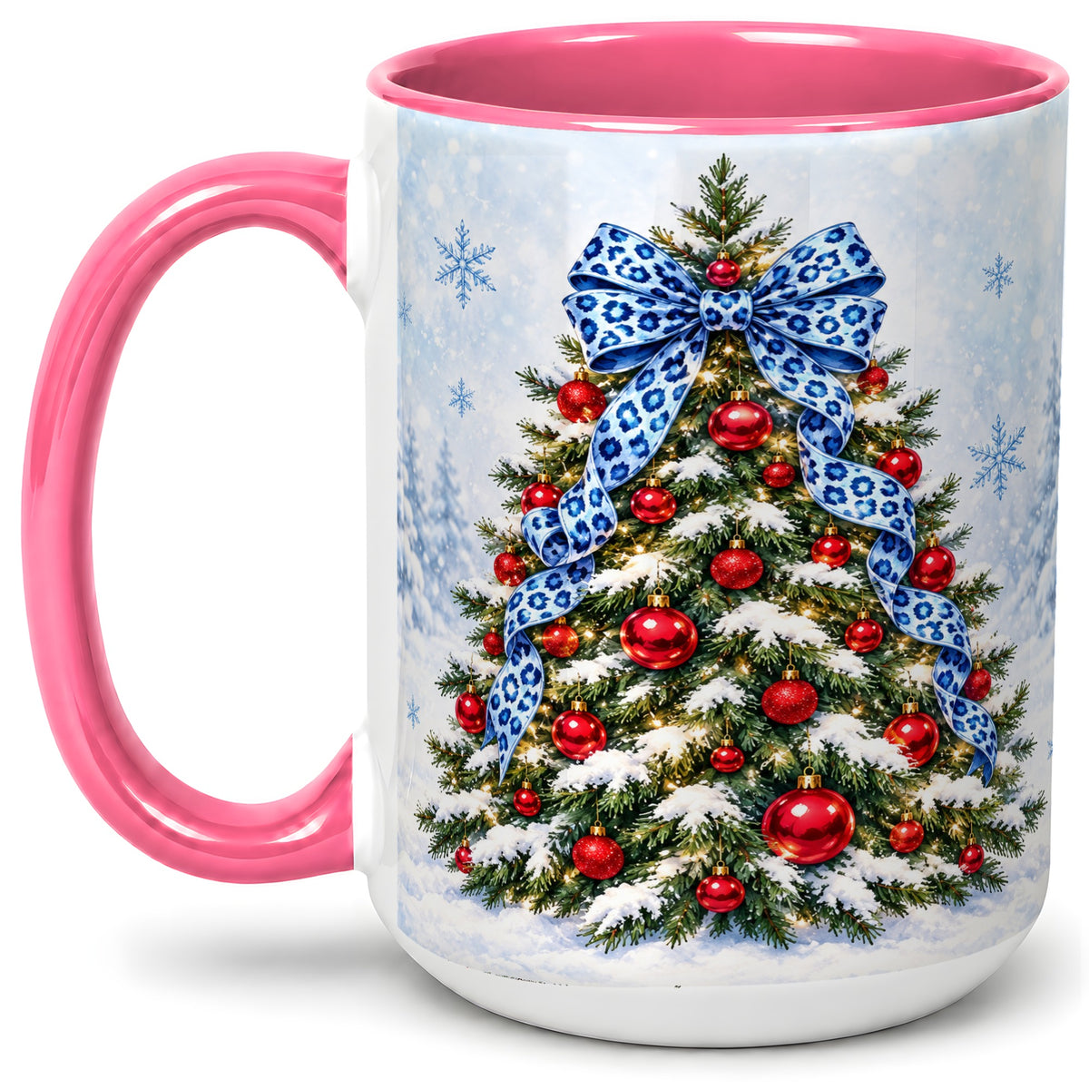 #pl[15oz|Pink] Blue Leopard Christmas Tree Accent Mug, Ceramic Holiday Coffee Cup