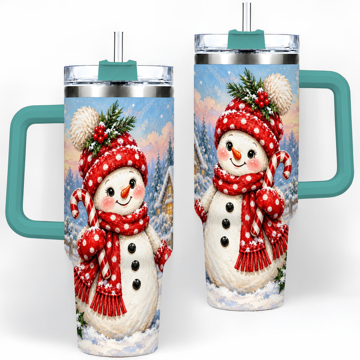 #pl[40oz|Green] Cute Christmas Snowman 40oz Handled Tumbler, Candy Cane Winter Art
