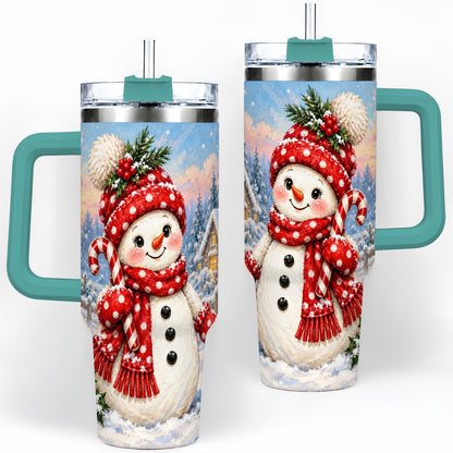 #pl[40oz|Green] Cute Christmas Snowman 40oz Handled Tumbler, Candy Cane Winter Art
