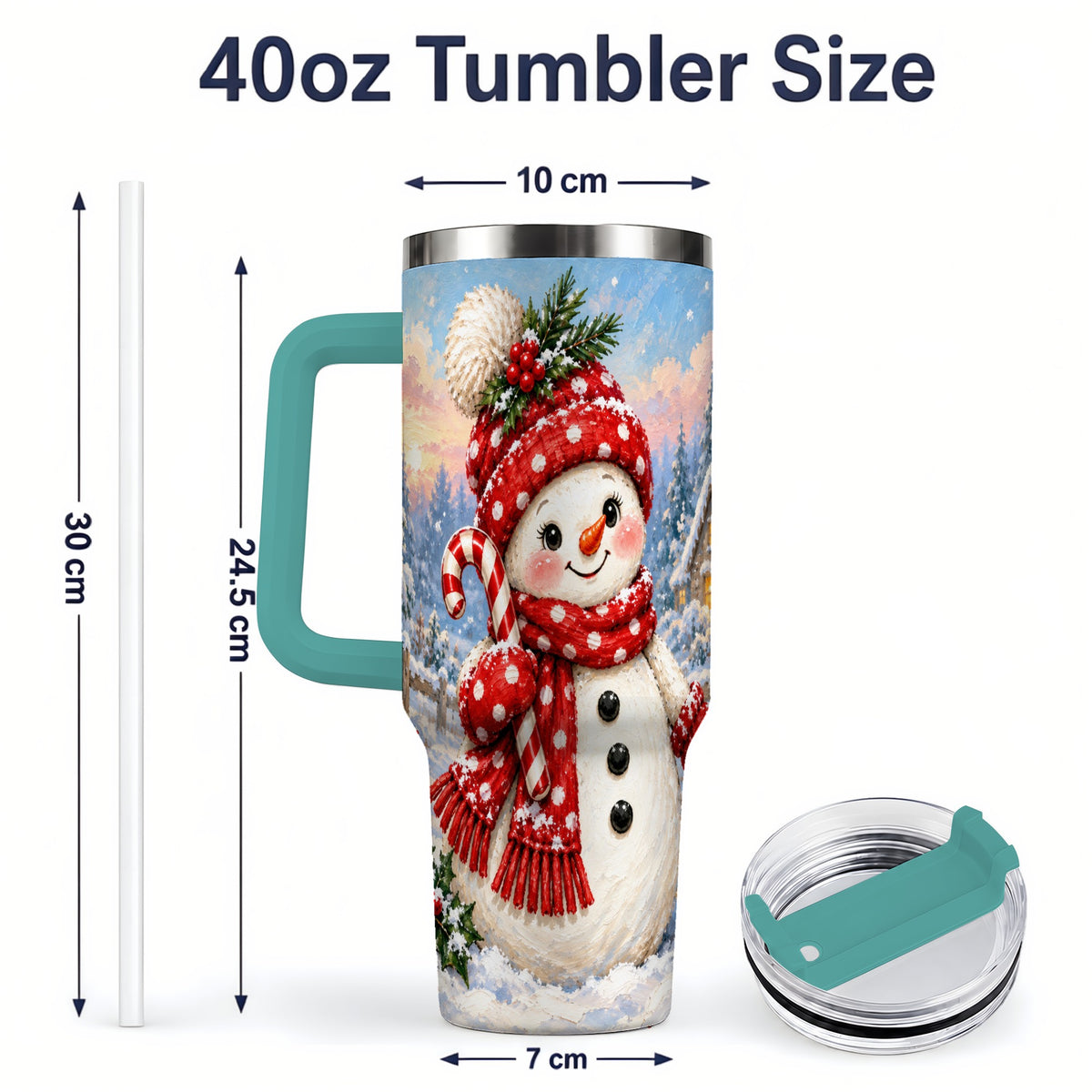 #pl[40oz|Green] Cute Christmas Snowman 40oz Handled Tumbler, Candy Cane Winter Art