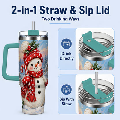 #pl[40oz|Green] Cute Christmas Snowman 40oz Handled Tumbler, Candy Cane Winter Art