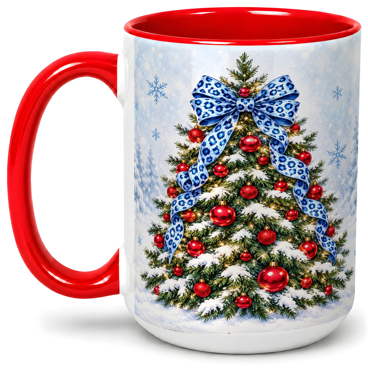 #pl[15oz|Red] Blue Leopard Christmas Tree Accent Mug, Ceramic Holiday Coffee Cup