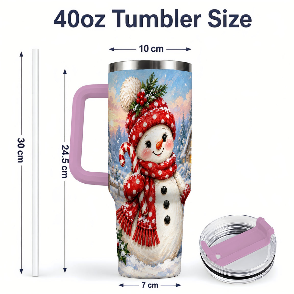#pl[40oz|Pink] Cute Christmas Snowman 40oz Handled Tumbler, Candy Cane Winter Art