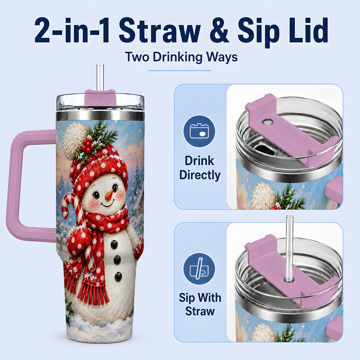 #pl[40oz|Pink] Cute Christmas Snowman 40oz Handled Tumbler, Candy Cane Winter Art