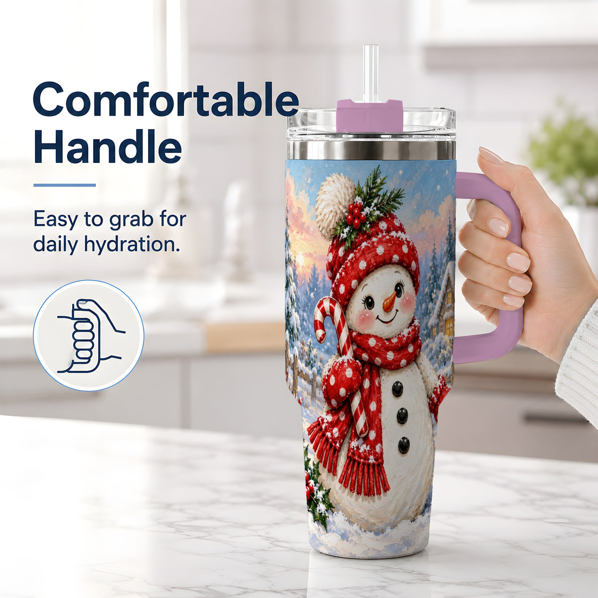 #pl[40oz|Pink] Cute Christmas Snowman 40oz Handled Tumbler, Candy Cane Winter Art