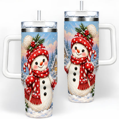 Cute Christmas Snowman 40oz Handled Tumbler, Candy Cane Winter Art