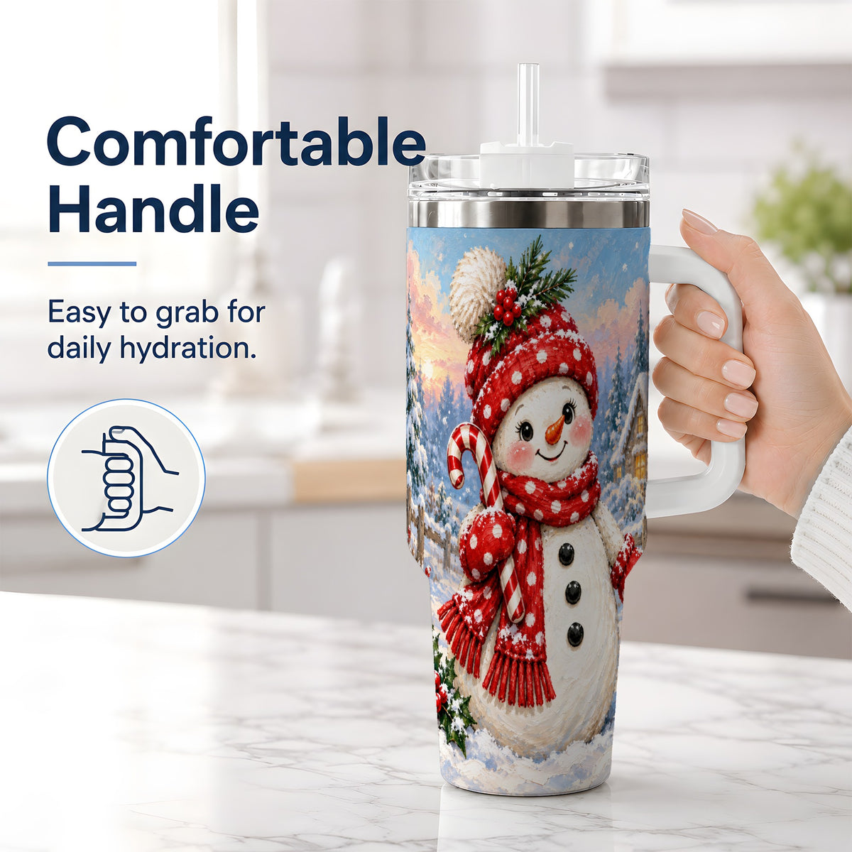 #pl[40oz|White] Cute Christmas Snowman 40oz Handled Tumbler, Candy Cane Winter Art