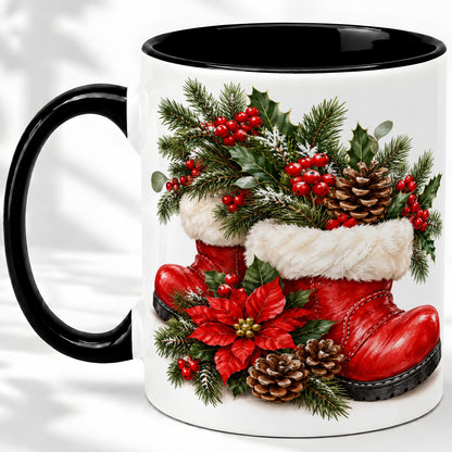 #pl[11oz|Black] Christmas Boots Accent Mug, Ceramic Coffee Cup with Holly Berries