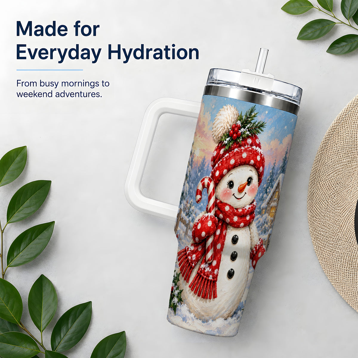 Cute Christmas Snowman 40oz Handled Tumbler, Candy Cane Winter Art