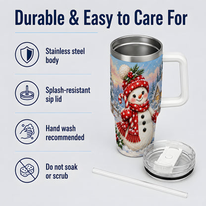 Cute Christmas Snowman 40oz Handled Tumbler, Candy Cane Winter Art