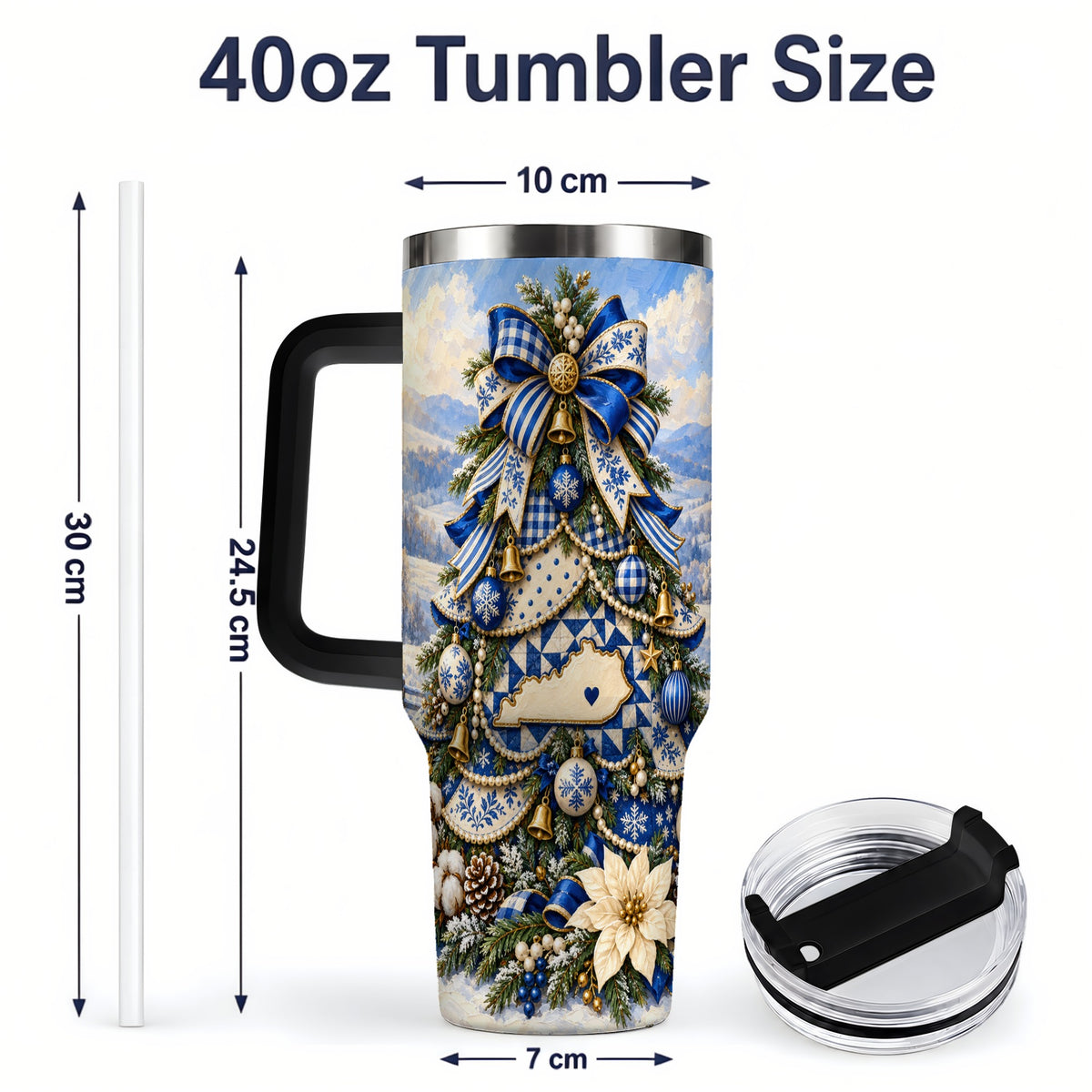 #pl[40oz|Black] Kentucky Christmas Tree 40oz Handled Tumbler, Blue Holiday Artwork