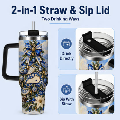 #pl[40oz|Black] Kentucky Christmas Tree 40oz Handled Tumbler, Blue Holiday Artwork