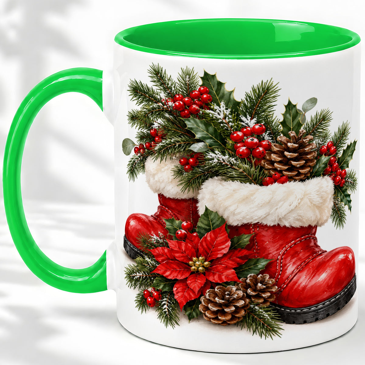 #pl[11oz|Green] Christmas Boots Accent Mug, Ceramic Coffee Cup with Holly Berries