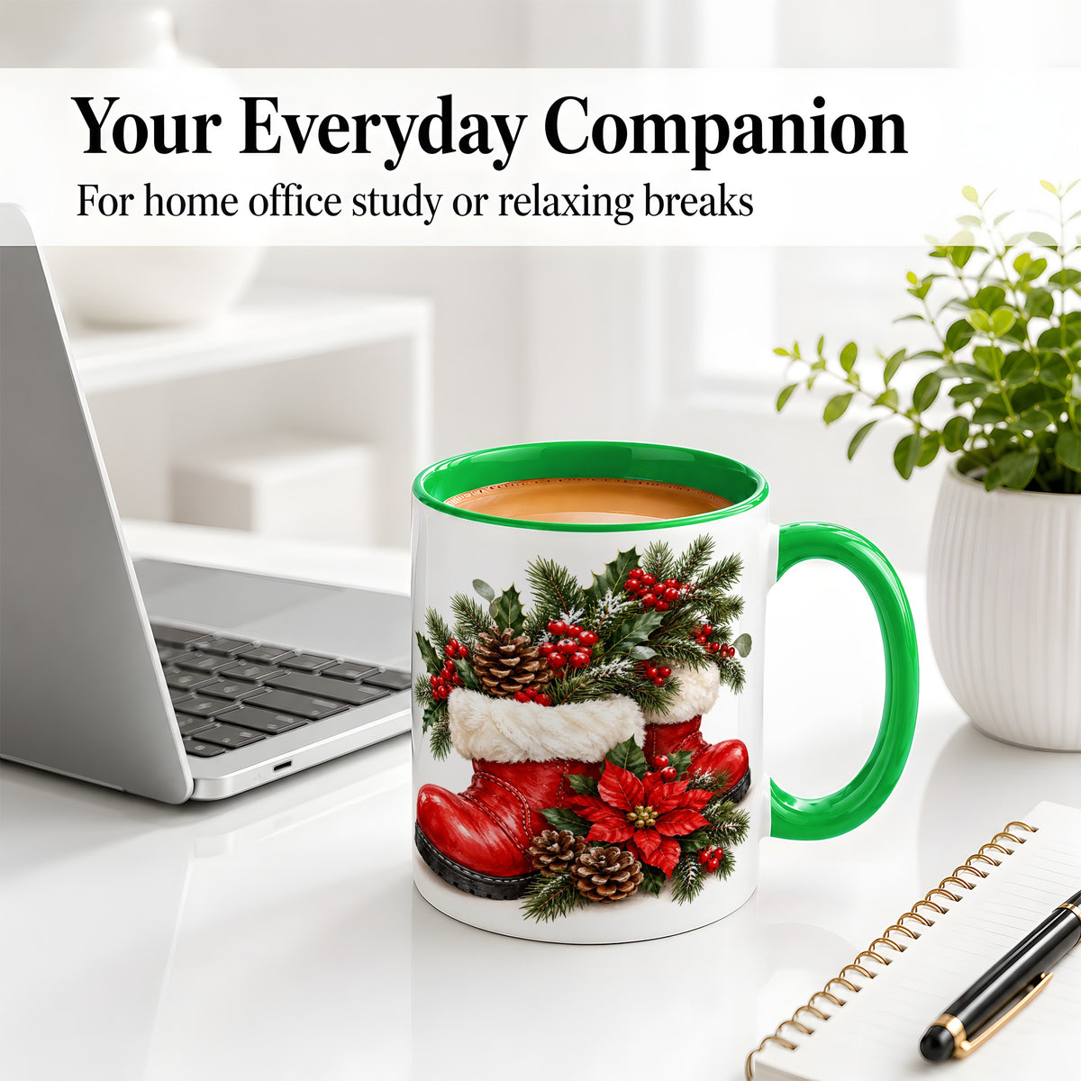 #pl[11oz|Green] Christmas Boots Accent Mug, Ceramic Coffee Cup with Holly Berries