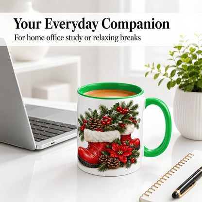 #pl[11oz|Green] Christmas Boots Accent Mug, Ceramic Coffee Cup with Holly Berries