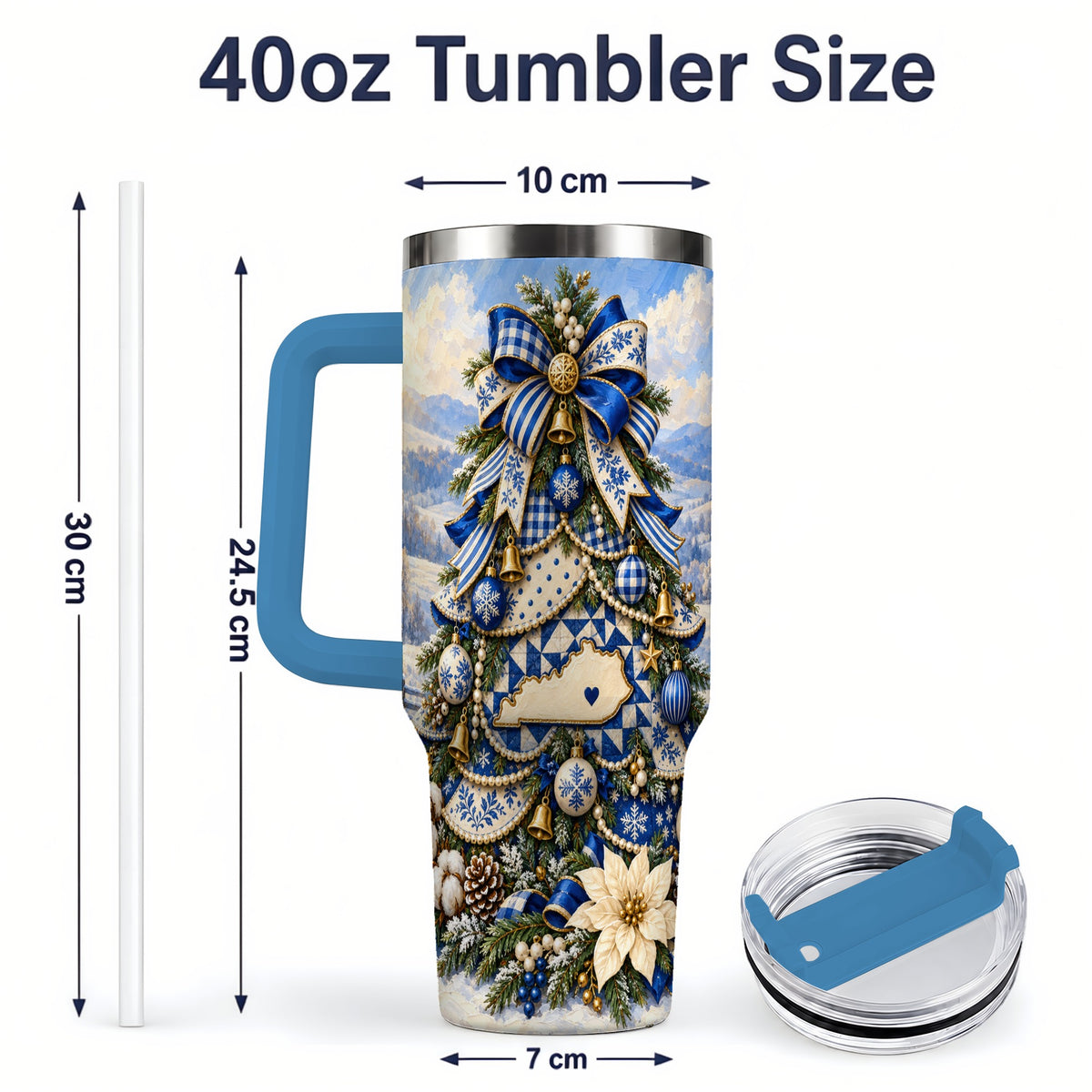 #pl[40oz|Blue] Kentucky Christmas Tree 40oz Handled Tumbler, Blue Holiday Artwork