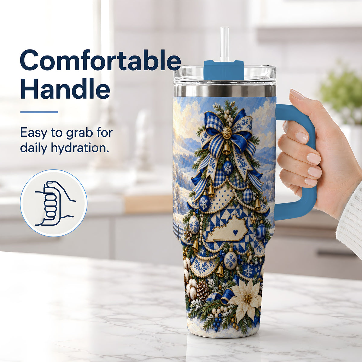 #pl[40oz|Blue] Kentucky Christmas Tree 40oz Handled Tumbler, Blue Holiday Artwork