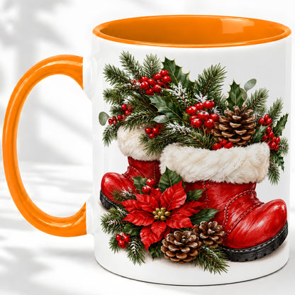 #pl[11oz|Orange] Christmas Boots Accent Mug, Ceramic Coffee Cup with Holly Berries