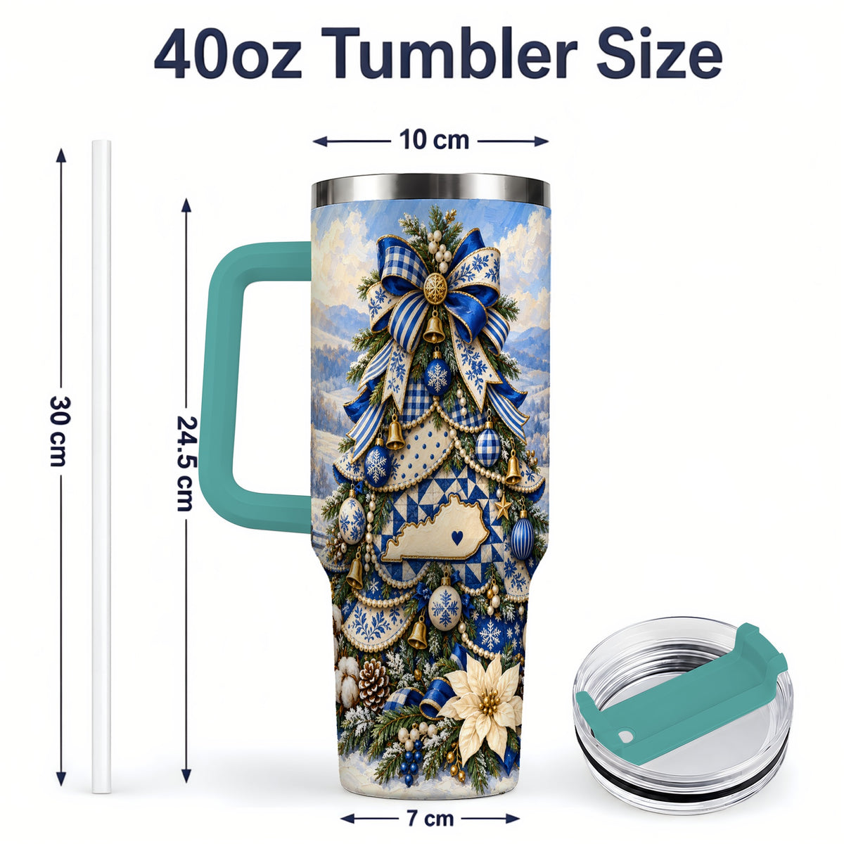 #pl[40oz|Green] Kentucky Christmas Tree 40oz Handled Tumbler, Blue Holiday Artwork