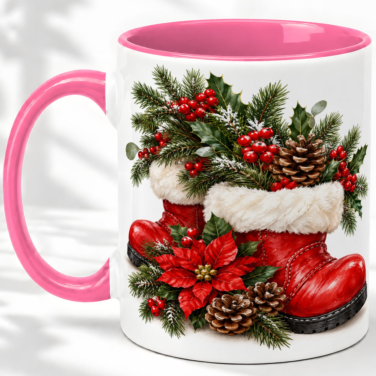 #pl[11oz|Pink] Christmas Boots Accent Mug, Ceramic Coffee Cup with Holly Berries
