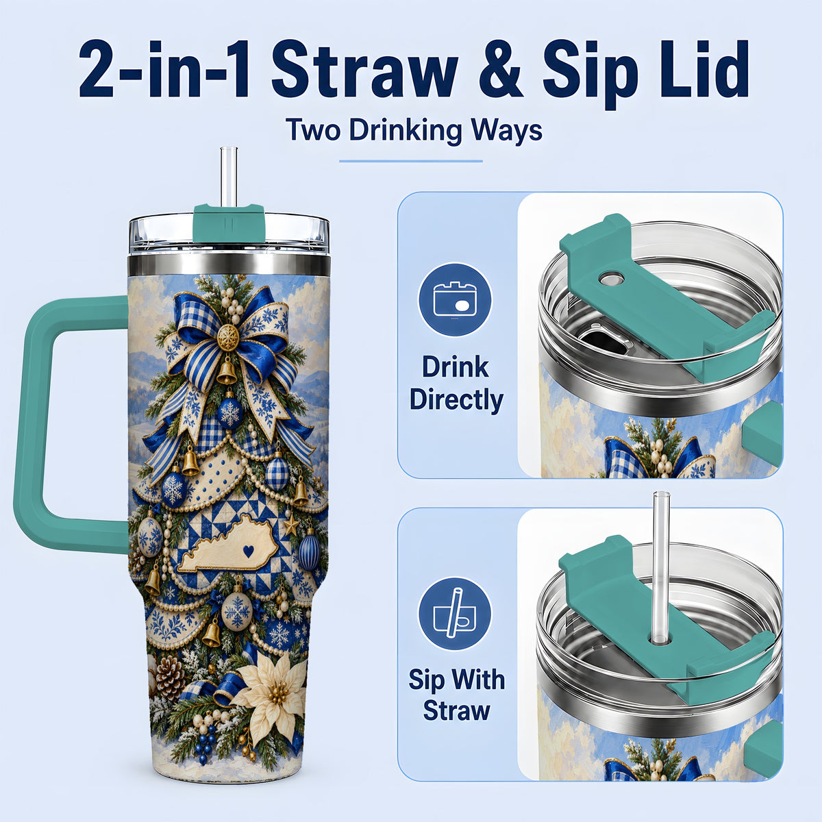 #pl[40oz|Green] Kentucky Christmas Tree 40oz Handled Tumbler, Blue Holiday Artwork